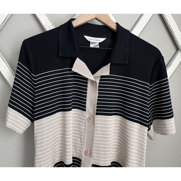 Exclusively Misook Women's L Button Down Short Sleeve Collared Top Striped - Picture 2 of 9